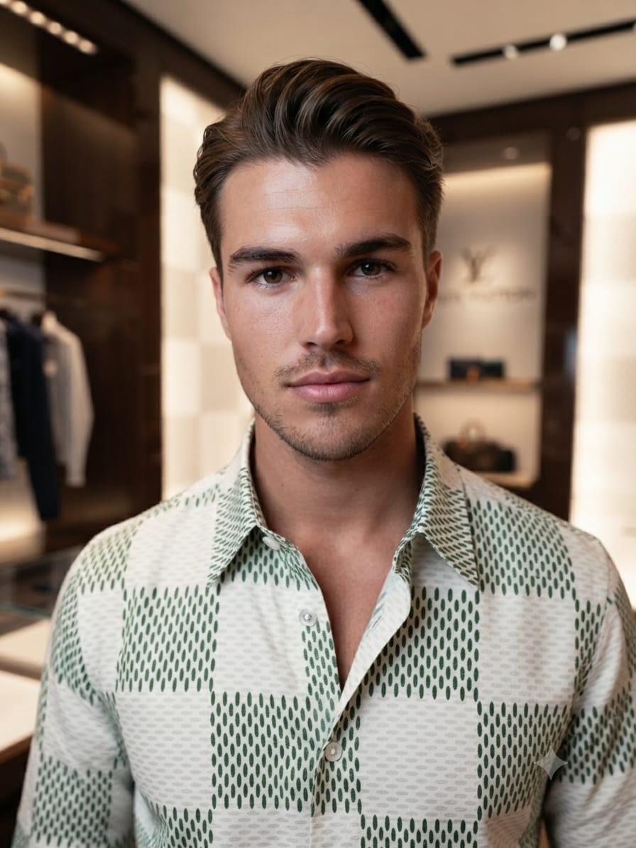 LOUIS VUITTON 2026 light green shirt 100 percent cotton Raymond mill-made fabric close up