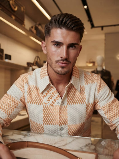 LOUIS VUITTON 2026 orange shirt 100 percent cotton Raymond mill-made fabric close up