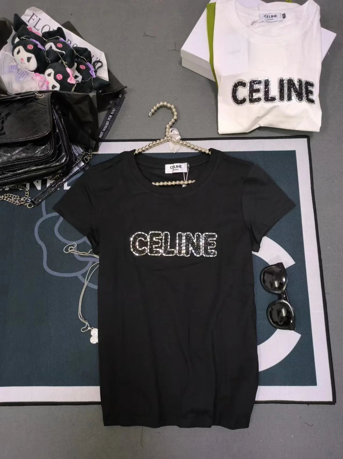 CELINE || Celine Logo Loose Print T-Shirt With Studs For Girls - FASHION MYST 