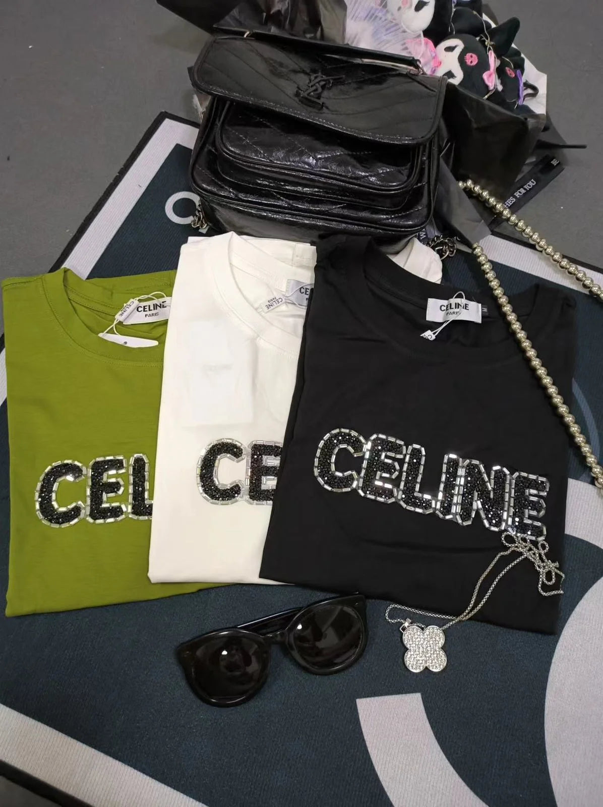 CELINE || Celine Logo Loose Print T-Shirt With Studs For Girls - FASHION MYST 