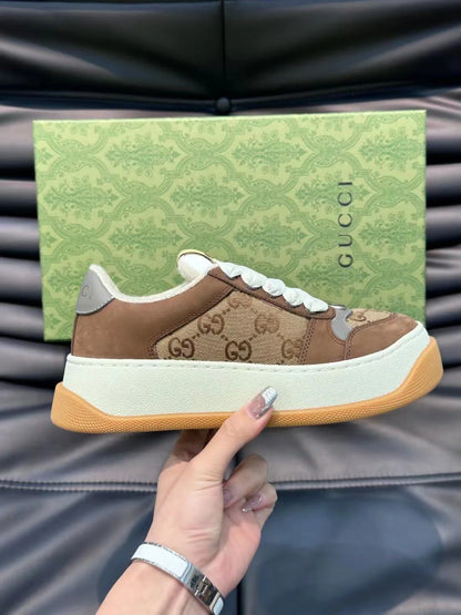 GUCCI || GG Double Screener Panelled Brown Sneakers