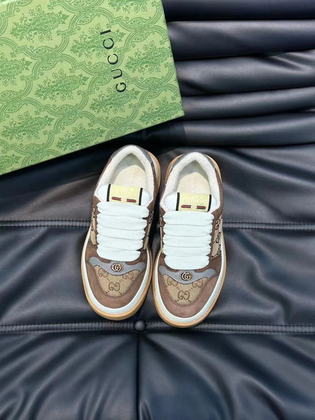 GUCCI || GG Double Screener Panelled Brown Sneakers