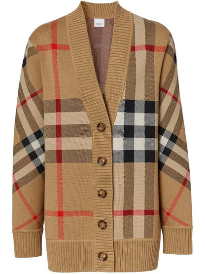 BURBERRY || Check Wool Blend Cardigan Oversized Fit Archive Beige