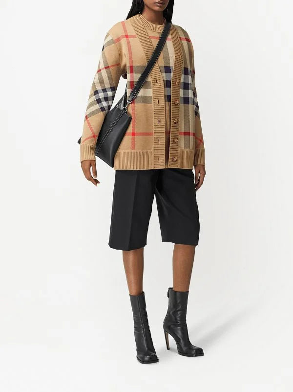 BURBERRY || Check Wool Blend Cardigan Oversized Fit Archive Beige