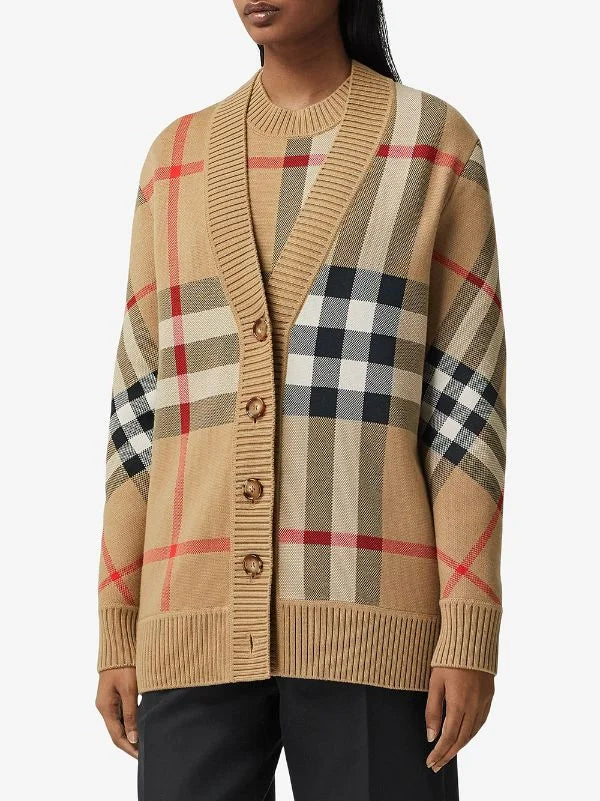 BURBERRY || Check Wool Blend Cardigan Oversized Fit Archive Beige