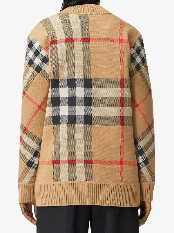 BURBERRY || Check Wool Blend Cardigan Oversized Fit Archive Beige