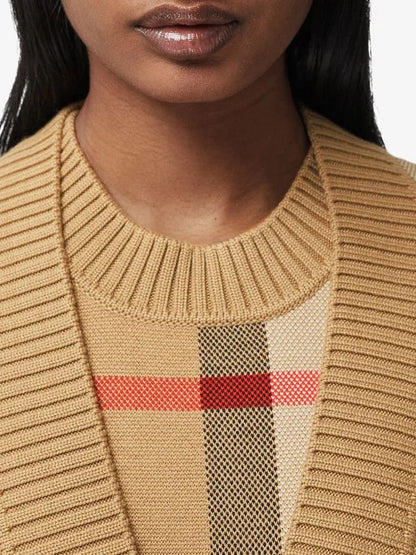 BURBERRY || Check Wool Blend Cardigan Oversized Fit Archive Beige