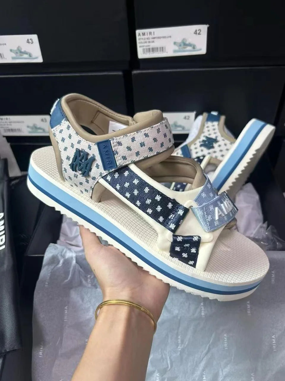 AMIRI || Light Blue & Beige 'MA Paisley' Sandals- FASHION MYST