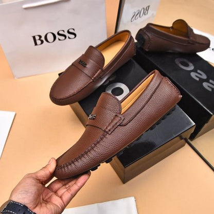 BOSS || Men's Noel Nappa-Leather Driving Moccasins With Metal Logo -  Brown