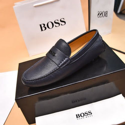 BOSS || Men's Noel Nappa-Leather Driving Moccasins With Metal Logo - BLUE
