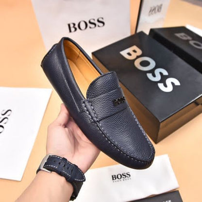 BOSS || Men's Noel Nappa-Leather Driving Moccasins With Metal Logo - BLUE