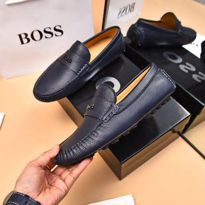 BOSS || Men's Noel Nappa-Leather Driving Moccasins With Metal Logo - BLUE