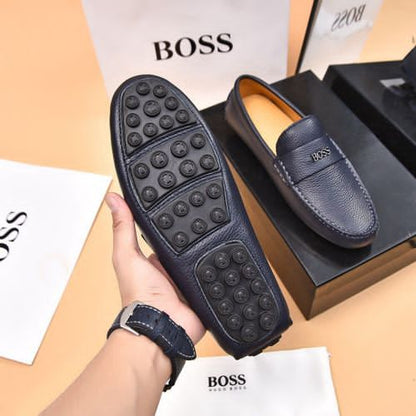 BOSS || Men's Noel Nappa-Leather Driving Moccasins With Metal Logo - BLUE