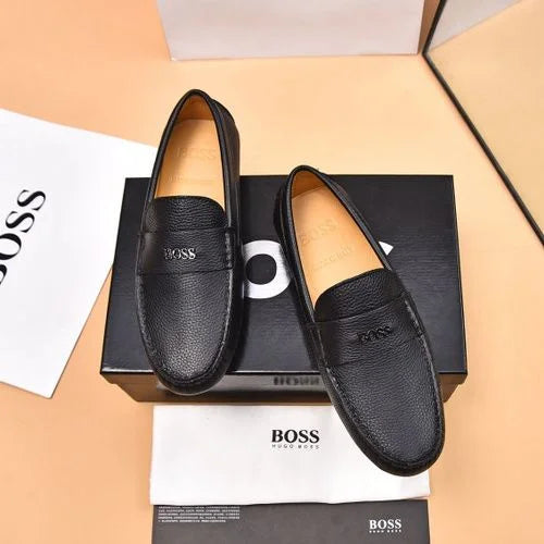 BOSS || Men's Noel Nappa-Leather Driving Moccasins With Metal Logo - BLACK