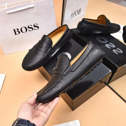 BOSS || Men's Noel Nappa-Leather Driving Moccasins With Metal Logo - BLACK