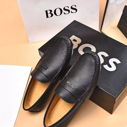 BOSS || Men's Noel Nappa-Leather Driving Moccasins With Metal Logo - BLACK