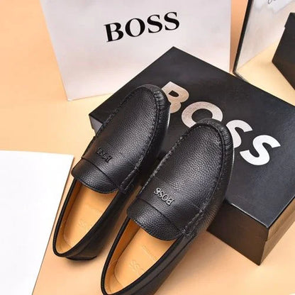 BOSS || Men's Noel Nappa-Leather Driving Moccasins With Metal Logo - BLACK