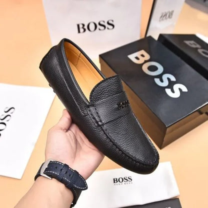 BOSS || Men's Noel Nappa-Leather Driving Moccasins With Metal Logo - BLACK