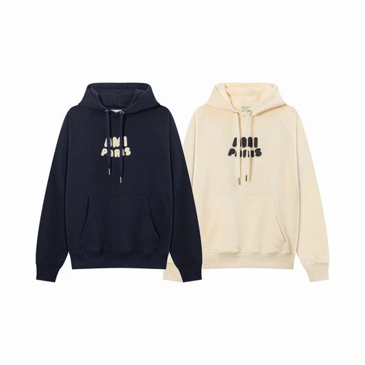 AMI PARIS || Ami Paris Logo Hoodie – Navy & Cream Comfortable Streetwear