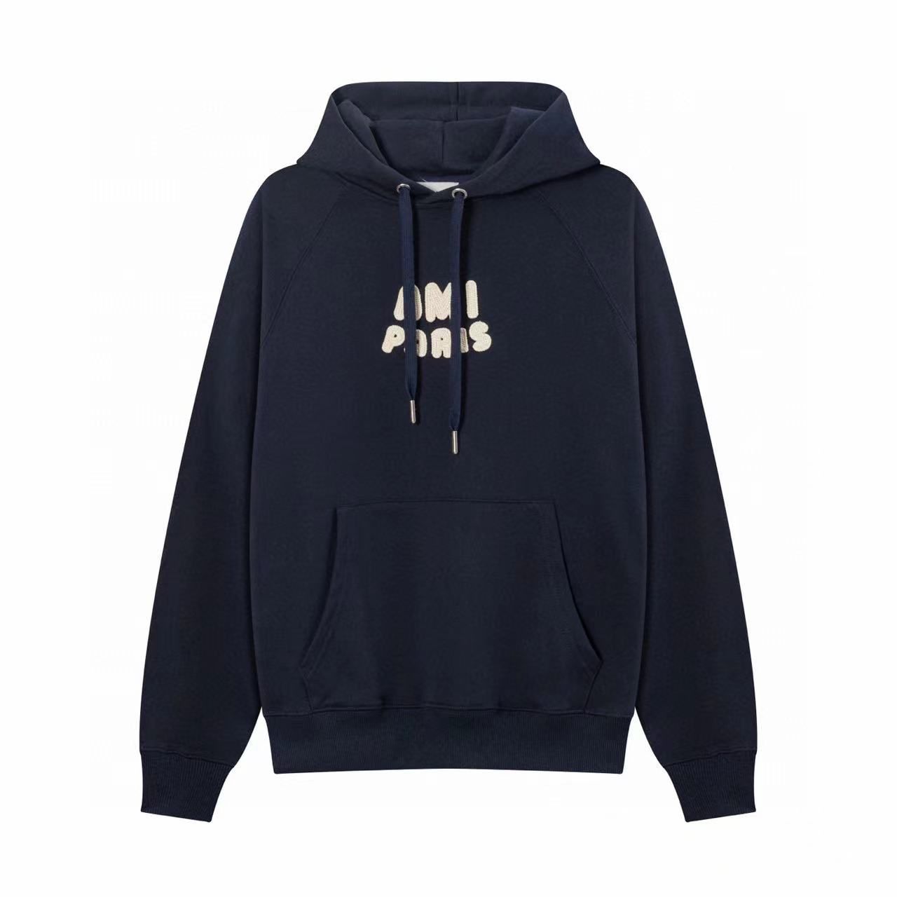 AMI PARIS || Ami Paris Logo Hoodie – Navy & Cream Comfortable Streetwear