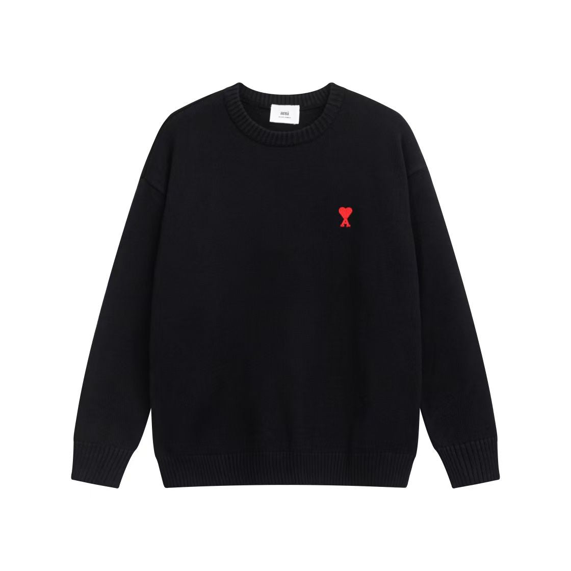 AMI PARIS || Men’s Black Crewneck Sweatshirt with Red Heart Logo