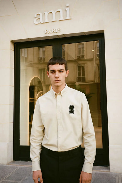 AMI PARIS || Beige Button-Up Denim Shirt with Chest Logo Patch