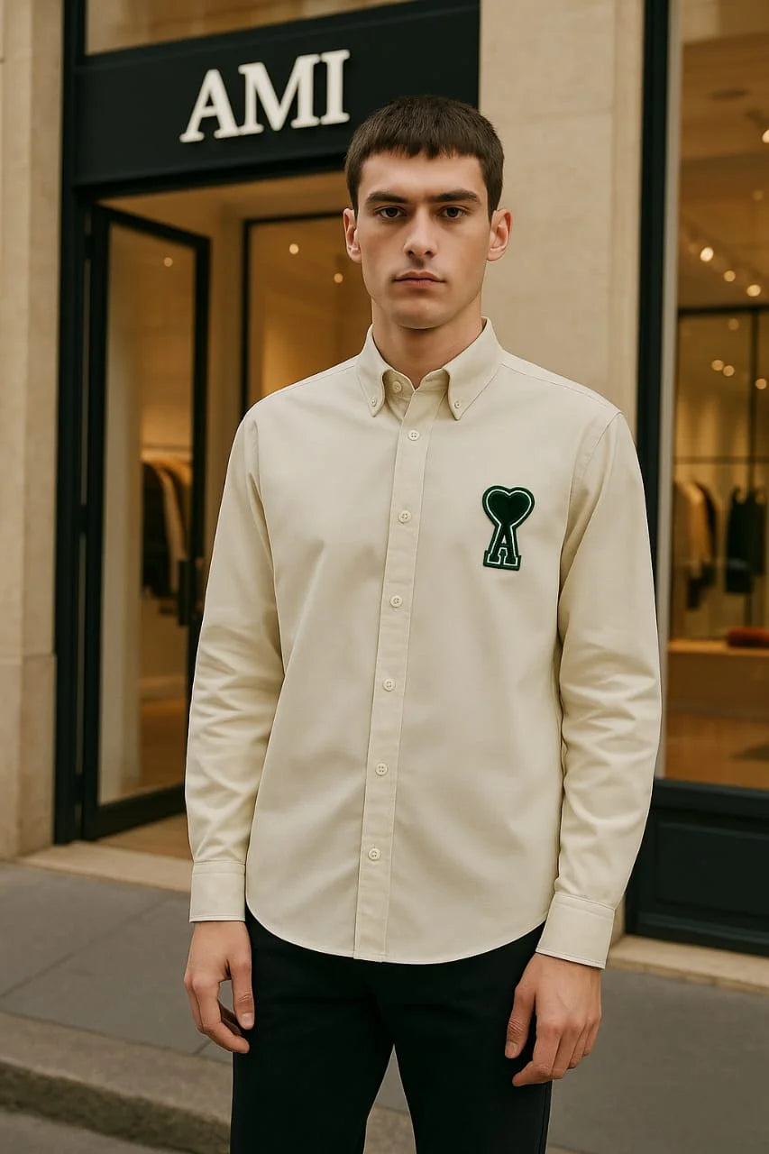 AMI PARIS || Beige Button-Up Denim Shirt with Chest Logo Patch