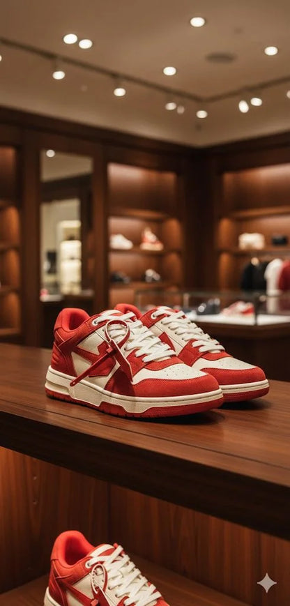 OFF-WHITE || Out Of Office "Ooo" Suede & Leather Low-Top Sneakers – Red/White