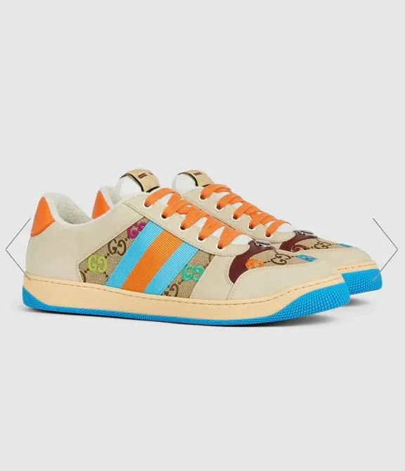 GUCCI || Screener Sneakers Shoes GG Canvas Monogram Blue Orange Striped