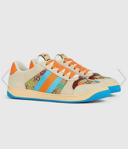 GUCCI || Screener Sneakers Shoes GG Canvas Monogram Blue Orange Striped