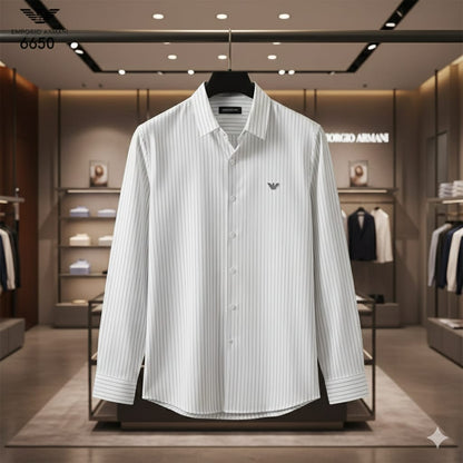 EMP*RIO ARM*NI || White & Black Printed Stripe Slim Casual Shirt - FASHION MYST