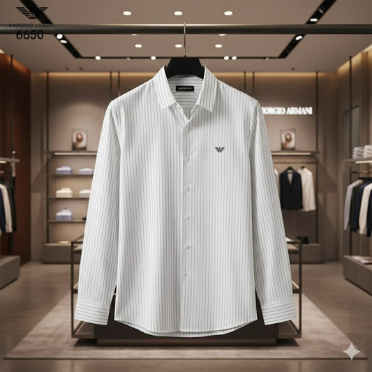 EMP*RIO ARM*NI || White & Black Printed Stripe Slim Casual Shirt - FASHION MYST