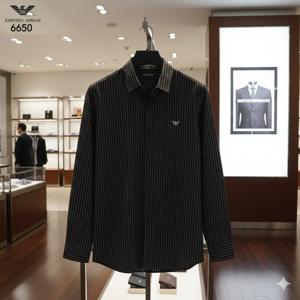 EMP*RIO ARM*NI || White & Black Printed Stripe Slim Casual Shirt - FASHION MYST