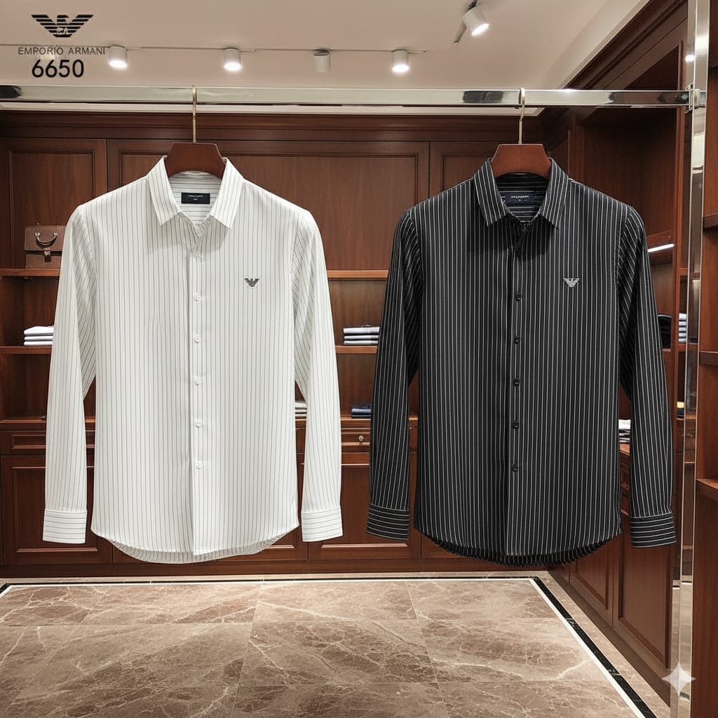 EMP*RIO ARM*NI || White & Black Printed Stripe Slim Casual Shirt - FASHION MYST