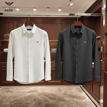 EMP*RIO ARM*NI || White & Black Printed Stripe Slim Casual Shirt - FASHION MYST