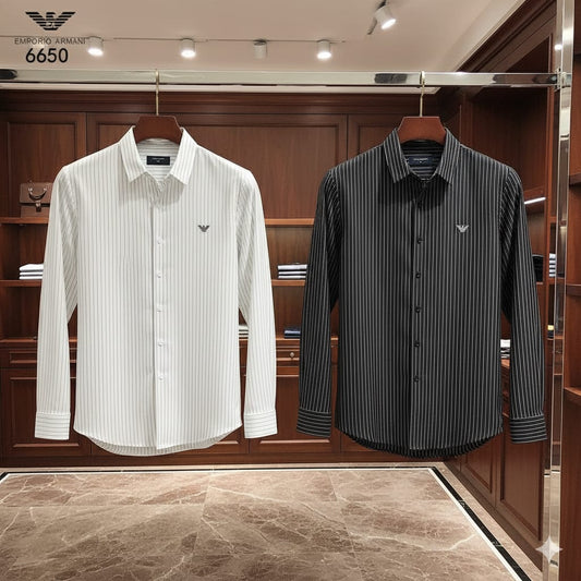 EMP*RIO ARM*NI || White & Black Printed Stripe Slim Casual Shirt - FASHION MYST