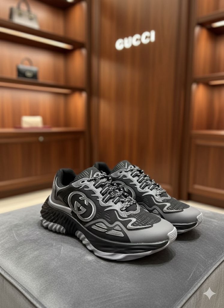 GUCCI || Men's Gucci Ripple Trainer In Black Mesh - FASHION MYST
