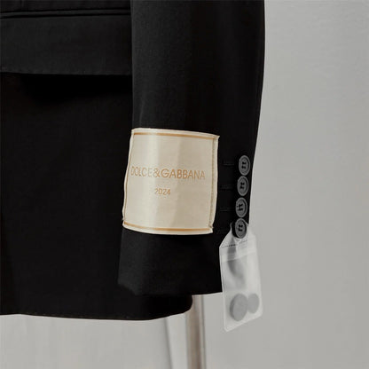 DOLCE & GABBANA || Black Slim-Fit Blazer and Trousers Set with Metallic Logo Patch & Gold Crest