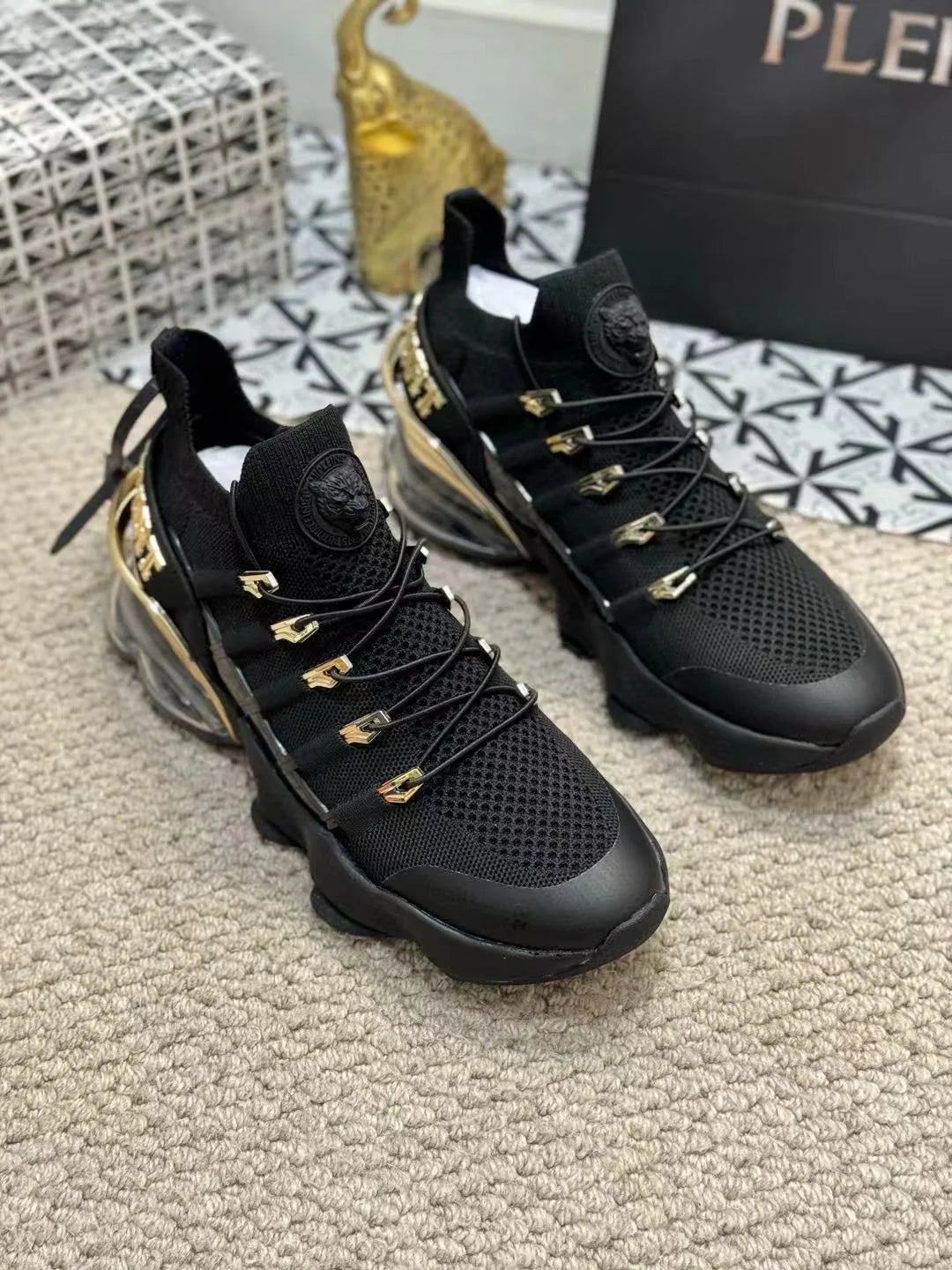 PHILIPP PLEIN || Plein Sport Tiger Attack Men’s Luxury Sneakers – Black & Gold Edition