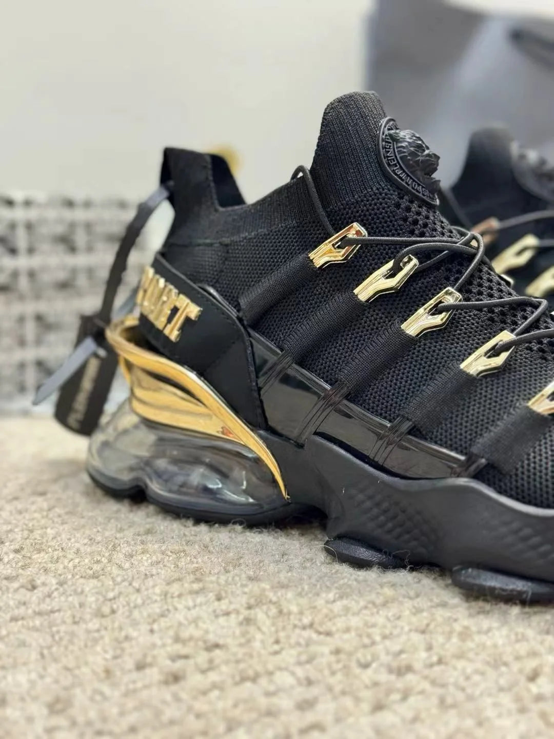 PHILIPP PLEIN || Plein Sport Tiger Attack Men’s Luxury Sneakers – Black & Gold Edition