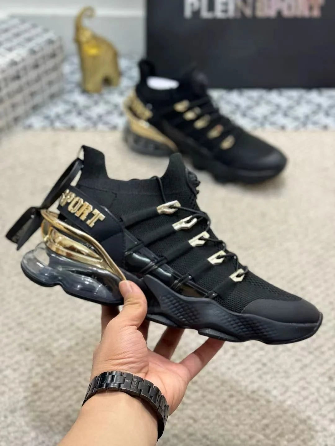 PHILIPP PLEIN || Plein Sport Tiger Attack Men’s Luxury Sneakers – Black & Gold Edition