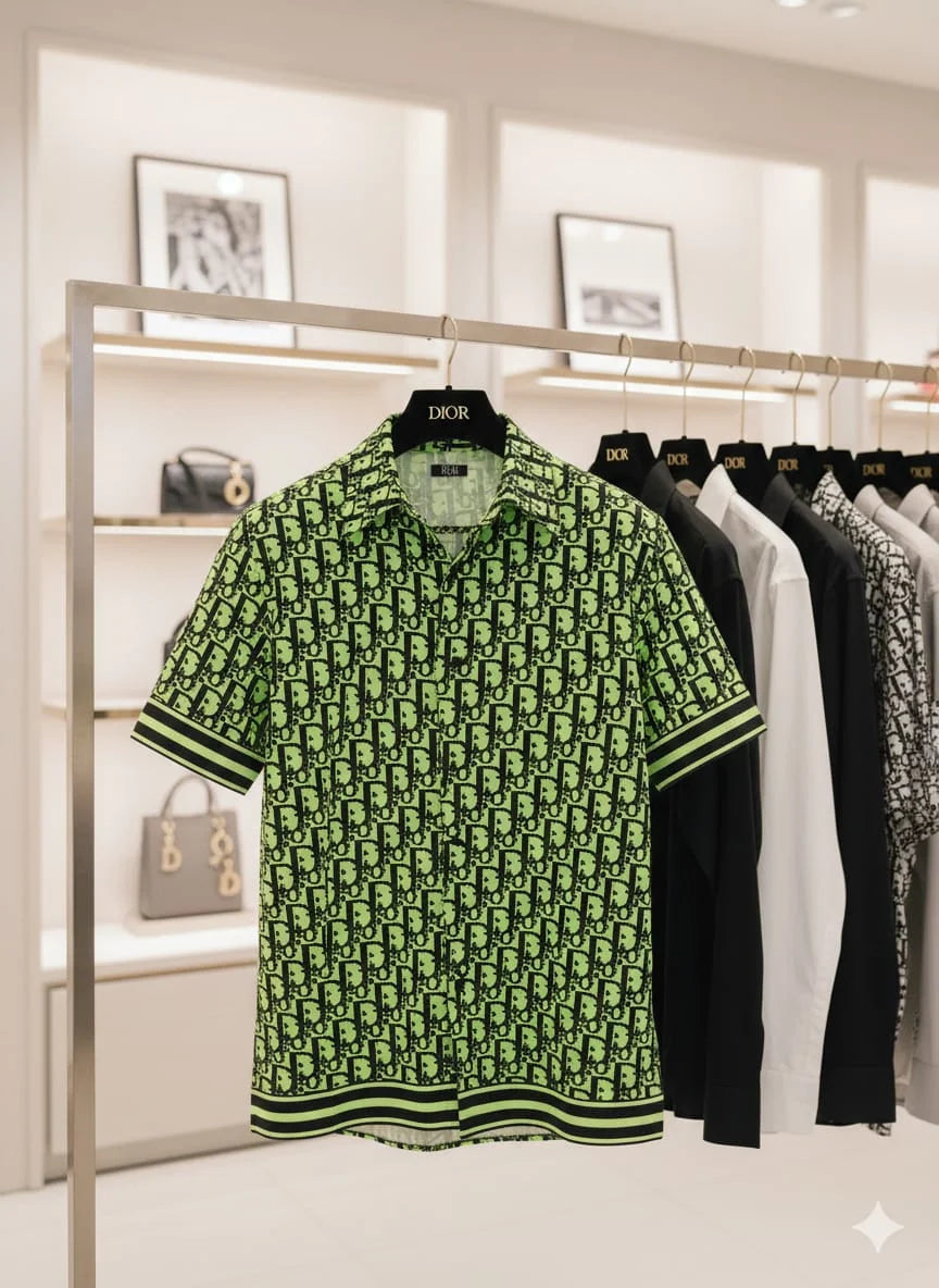 Dior Oblique Shirt - Neon Green & Black Silk Short Sleeve