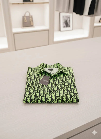 CHRISTIAN DIOR || Oblique Short-Sleeved Shirt – Neon Green & Black Silk Twill
