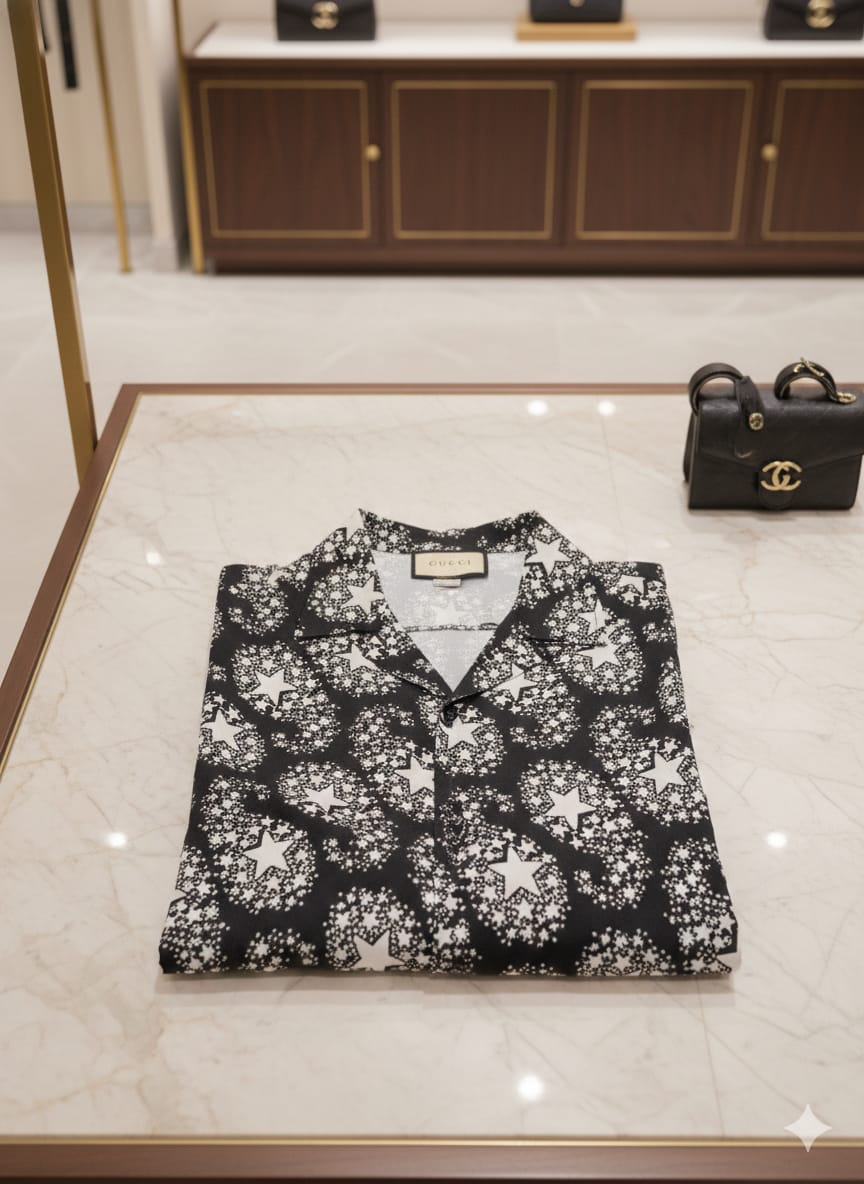GUCCI || Men’s Black & White Star Burst Print Silk Bowling Shirt