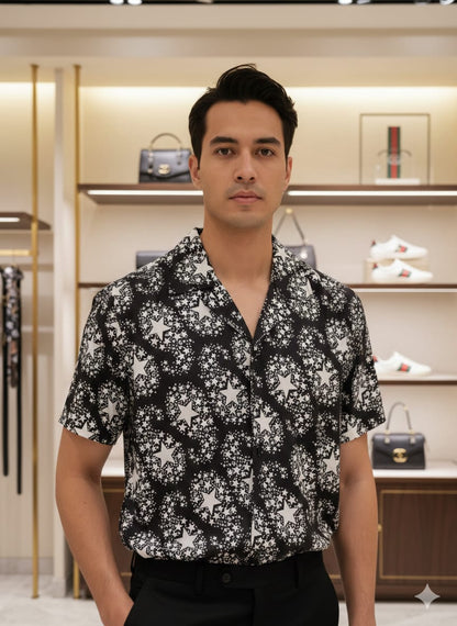 GUCCI || Men’s Black & White Star Burst Print Silk Bowling Shirt