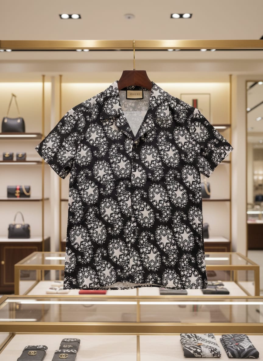 GUCCI || Men’s Black & White Star Burst Print Silk Bowling Shirt