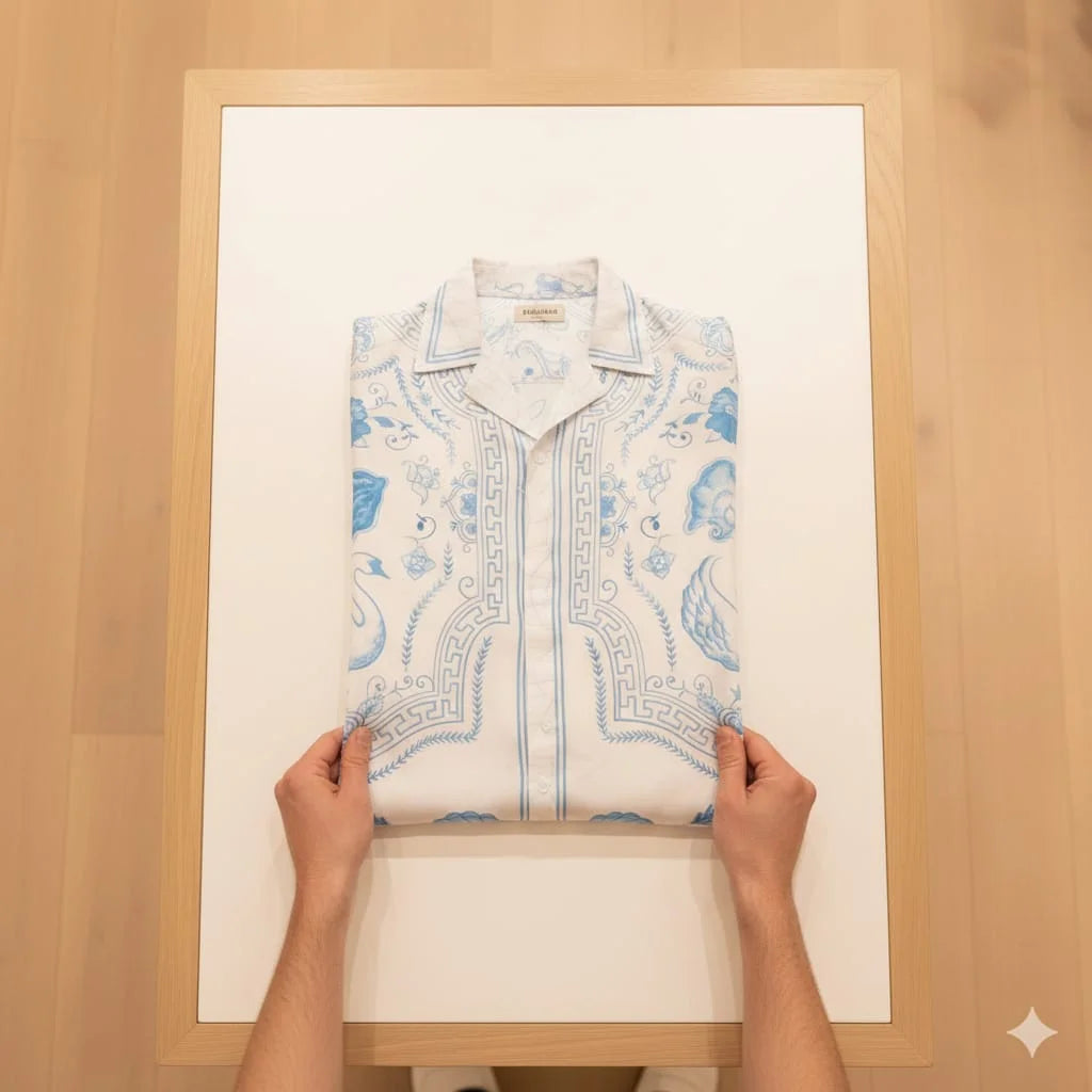 CASABLANCA || L’Arche de Nuit Silk Shirt – Blue & White Porcelain Motif