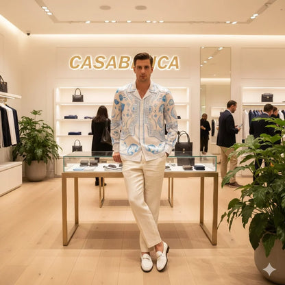 CASABLANCA || L’Arche de Nuit Silk Shirt – Blue & White Porcelain Motif