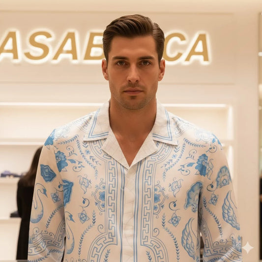 CASABLANCA || L’Arche de Nuit Silk Shirt – Blue & White Porcelain Motif