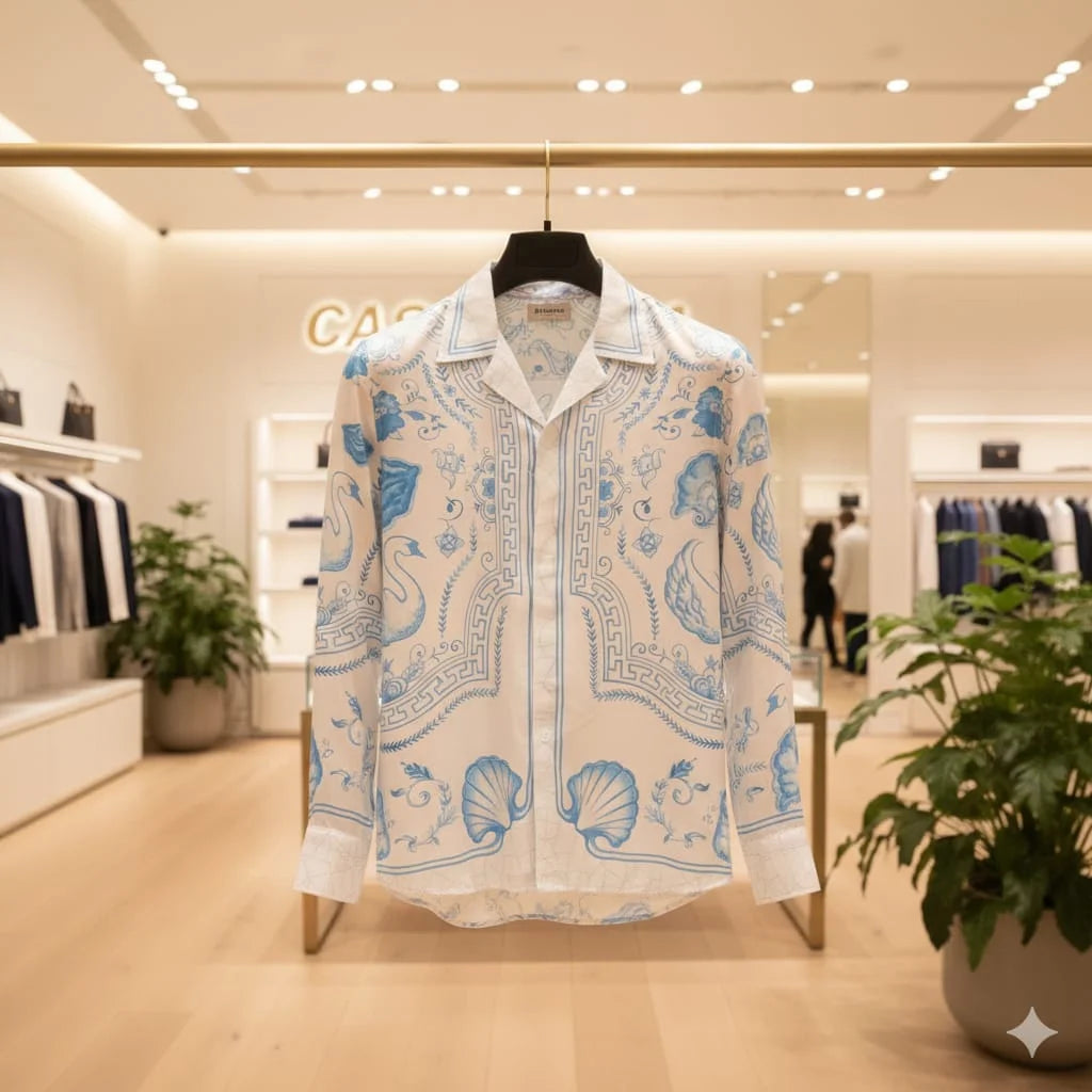 CASABLANCA || L’Arche de Nuit Silk Shirt – Blue & White Porcelain Motif